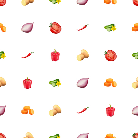 Seamless pattern with vegetables. Vegeterian food isolated on white background. Tomato, pumpkin, cabbage, potatoes onion broccoli carrot pepper and garlic. 3d realism vector illustration.の写真素材