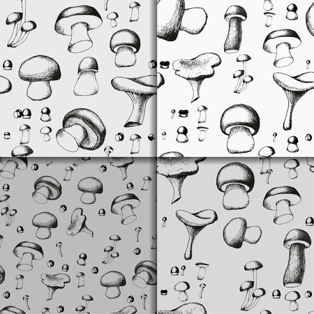 Hand drawn black and white seamless pattern set with mushrooms. Vector doodle monochrome illustrations. Boletus, chanterelle, agaric and russala.のイラスト素材