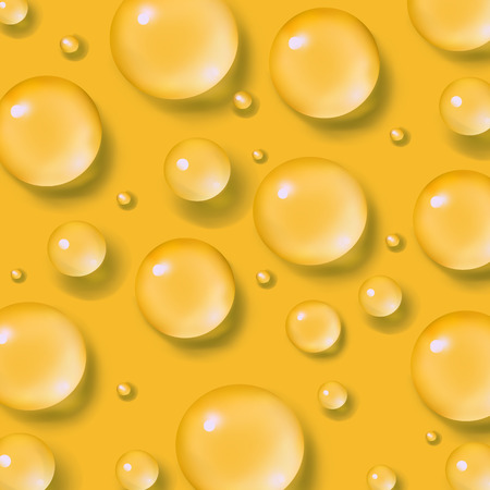Drops of water. Abstract liquid on yellow background. 3d realistic vector illustration. Realism style. Macroのイラスト素材