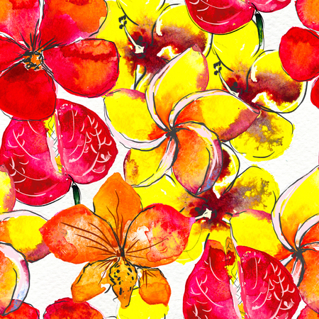 Seamless pattern With Tropical Flowers. Watercolor Background. Floral Hand Painted colorful illustration.の写真素材