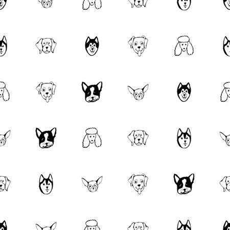Seamless pattern with Dog breeds. Bulldog, Husky, Alaskan Malamute, Retriever, Doberman, Poodle, Pug, Shar Pei, Dalmatian. Hand drawn black and white vector illustration Doodle style designのイラスト素材