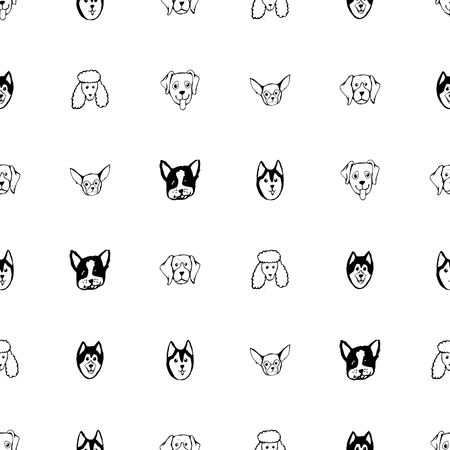 Seamless pattern with Dog breeds. Bulldog, Husky, Alaskan Malamute, Retriever, Doberman, Poodle, Pug, Shar Pei, Dalmatian. Hand drawn black and white vector illustration Doodle style designのイラスト素材