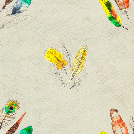 Watercolor seamless pattern. Hand painted texture with various multicolor bird feathers.の写真素材