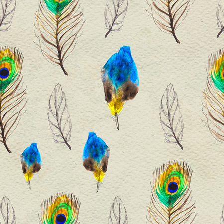 Watercolor seamless pattern. Hand painted texture with various colorful feathers. Paper backgroundの写真素材