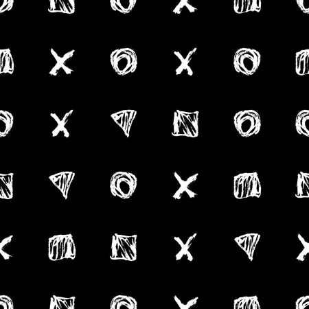 Seamless pattern. Vector abstract background. Black and white. Hand drawn geometric illustration with circles triangles squares and crosses. Sketch brush strokes.の写真素材