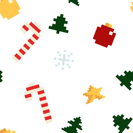 Christmas pixel seamless pattern. Arcade games New year and Xmas decoration elements. Trees snowman candles santa, gifts and wteath. 80s 90s styleのイラスト素材