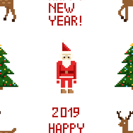 Christmas pixel seamless pattern. Arcade games New year and Xmas decoration elements. Trees snowman candles santa, gifts and wteath.のイラスト素材