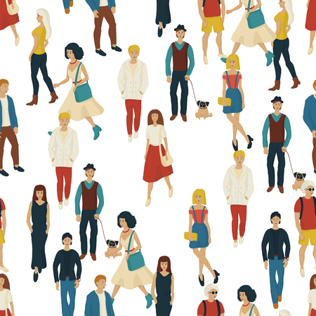 Seamless pattern with young people walking. Cartoon style illustration with men and woman. Casual street fashion vector.のイラスト素材