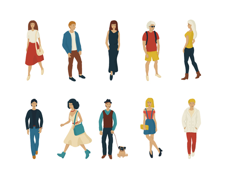 Young people set on white background vector. Fashion men and women cartoon style characters isolated.のイラスト素材