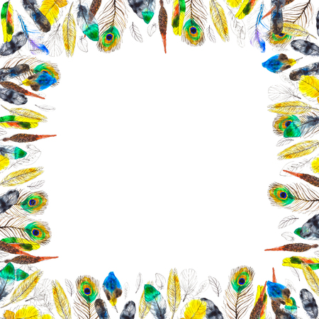 Watercolor frame with colorful feathers. Beautiful hand-drawn background for invitations, save the date cards and any design.の写真素材