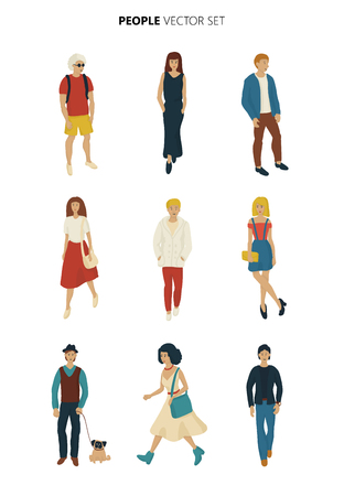 Young people set on white background vector. Fashion men and women cartoon style characters isolated.のイラスト素材
