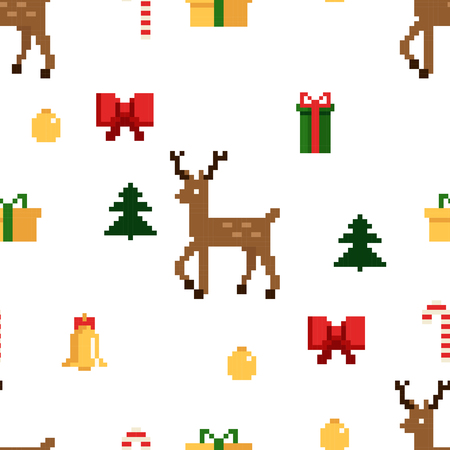 Christmas pixel seamless pattern. Arcade games New year and Xmas decoration elements. Trees snowman candles santa, gifts and wteath. 80s 90s styleのイラスト素材