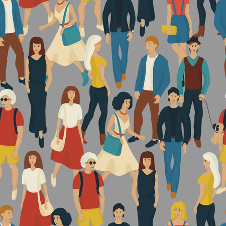 Seamless pattern with young people walking. Cartoon style illustration with men and woman. Casual street fashion vector.のイラスト素材