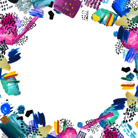 Hand drawn frame and place for your text. Acrylic painting geometric shapes isolated on white. Abstract watercolor backgroundの写真素材