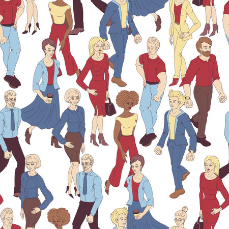 Seamless pattern with business people walking. Cartoon style illustration with men and woman. Casual street fashion vector.のイラスト素材