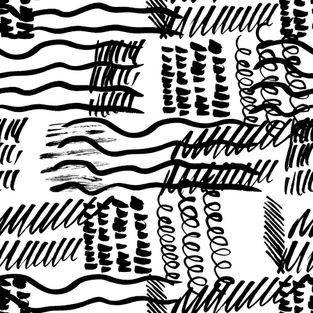 Seamless pattern hand drawn with a brush strokes. Abstract black and white paint brushstrokes vector illustration. Grunge monochrome background. Good for web, print, textile and wrapping paper.のイラスト素材