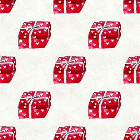 Happy Valentines Day. Seamless pattern with red watercolor gift boxes. Love valentine hand drawn background. Wrapping paper or textile swatch. Paper textureの写真素材