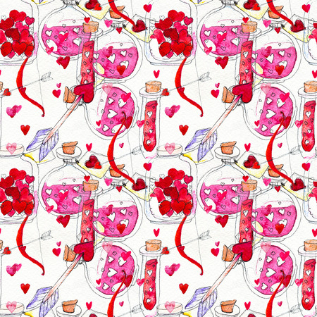 Happy Valentines Day. Seamless pattern with red watercolor hearts and love potion vials. Valentine hand drawn background. Wrapping paper or textile swatch. Paper textureの写真素材