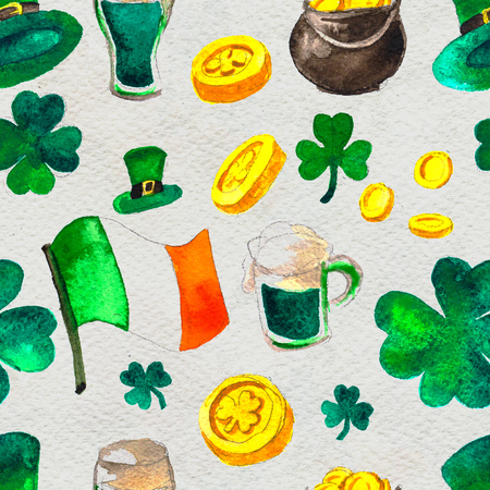 Seamless background with St. Patricks Day symbols. Watercolor hand drawn illustration with glass of beer, cylinder, leaf of clover and irish flag. Holiday pattern.の写真素材