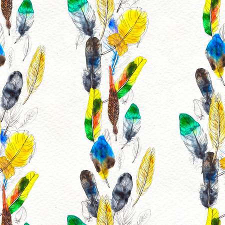 Watercolor seamless pattern. Hand drawn texture with various multicolor bird feathers.の写真素材