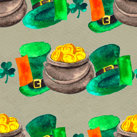 Seamless background with St. Patricks Day symbols. Watercolor hand drawn illustration with cylinder, leaf of clover and irish flag. Holiday pattern.の写真素材