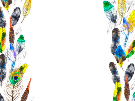 Watercolor frame with colorful feathers. Beautiful hand-drawn background for invitations, save the date cards and any design.の写真素材