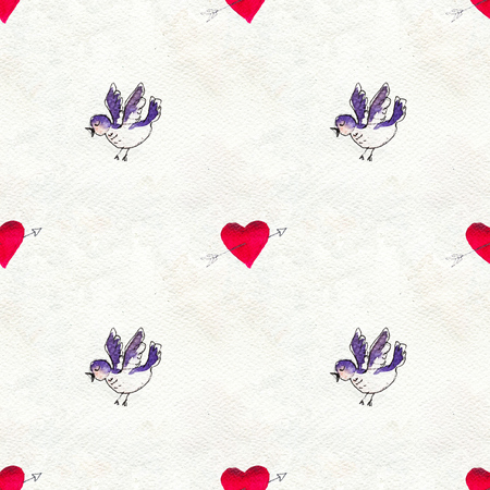 Happy Valentines Day. Seamless pattern with red watercolor hearts and birds. Love valentine hand drawn background. Wrapping paper or textile swatch. Paper textureの写真素材