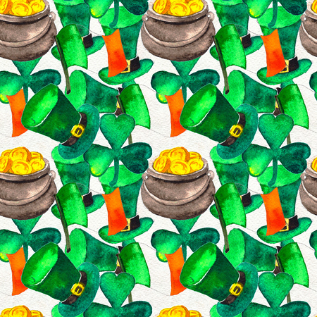 Seamless background with St. Patricks Day symbols. Watercolor hand drawn illustration with glass of beer, gold pot, cylinder, leaf of clover and irish flag. Holiday pattern.の写真素材