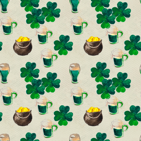 Seamless background with St. Patricks Day symbols. Watercolor hand drawn illustration with glass of beer, gold pot, cylinder, leaf of clover. Holiday pattern.の写真素材