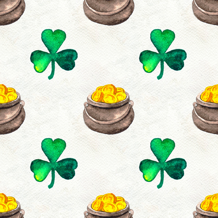 Seamless background with St. Patricks Day symbols. Watercolor hand drawn illustration with gold coins and leaf of clover. Holiday pattern.の写真素材