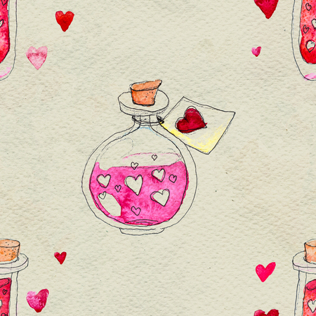 Happy Valentines Day. Seamless pattern with red watercolor hearts and love potion vials. Valentine hand drawn background. Wrapping paper or textile swatch. Paper textureの写真素材