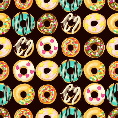 Glazed Donuts seamless pattern Vector. Top View doughnuts into color caramel and chocolate glaze. Food background. Cartoon style illustration.のイラスト素材