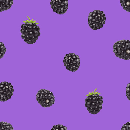 Blackberry seamless pattern. 3d realistic vector berries on violet background. Food textile designの写真素材