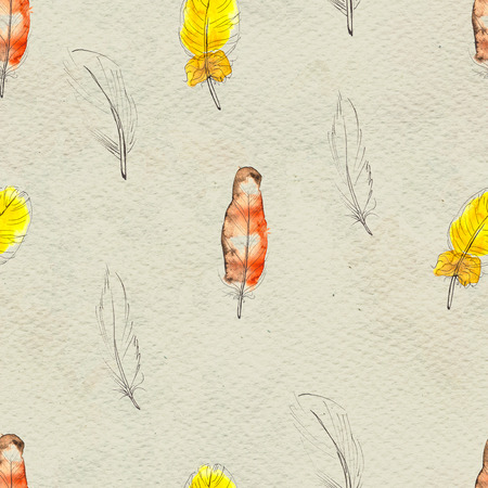 Watercolor seamless pattern. Hand painted texture with various colorful feathers. Paper backgroundの写真素材