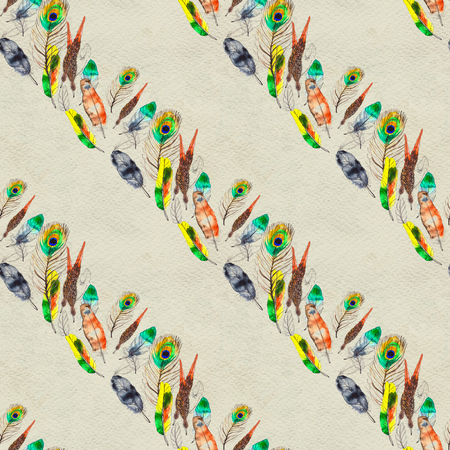 Watercolor seamless pattern. Hand painted texture with various multicolor bird feathers.の写真素材