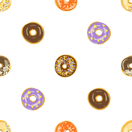 Glazed Donuts seamless pattern. Food Vector illustration. Cartoon style doughnuts into color caramel and chocolate glazeのイラスト素材