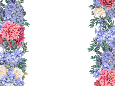 Floral border for design save the date cards, invitations, posters and birthday decoration. Spring frame hand painted isolated on white background.の写真素材