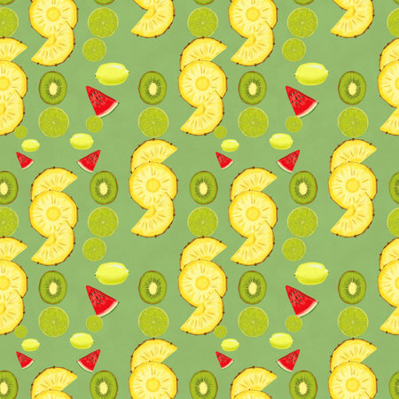 Hand drawn seamless pattern with kiwi fruit lime lemon pineapple and watermelon. Summer background...