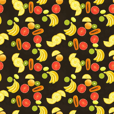 Hand drawn seamless pattern with bananas, lime, lemon, pineapple slice papaya and grapefruit. Summer...