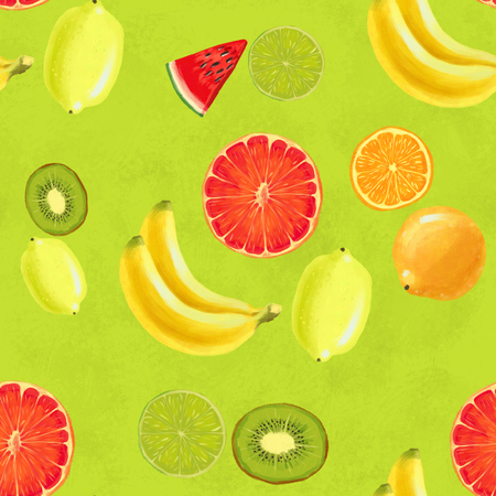 Hand drawn seamless pattern with bananas, orange, grapefruit and watermelon. Summer background with exotic fruits. Top view. Wallpaper or textile tropic printの写真素材