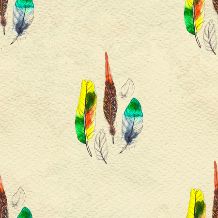 Watercolor seamless pattern. Hand painted texture with various multicolor bird feathers.の写真素材