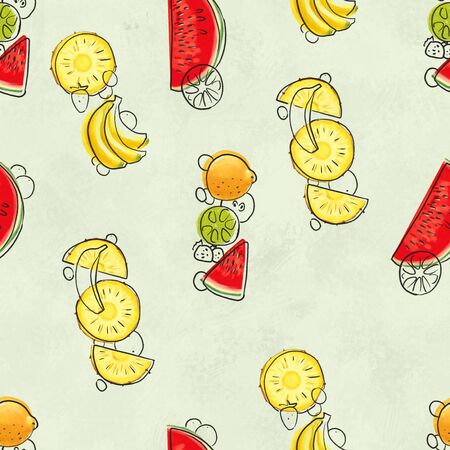Hand drawn seamless pattern with bananas, pineapples and watermelon. Summer background with exotic fruits. Top view. Wallpaper or textile tropic printの写真素材