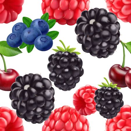 Blackberry blueberry cherry and raspberry seamless pattern. 3d realistic vector berries.のイラスト素材
