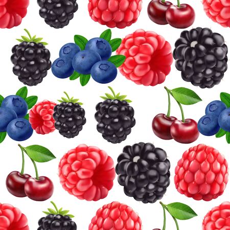 Blackberry blueberry cherry and raspberry seamless pattern. 3d realistic vector berries. Food background.のイラスト素材