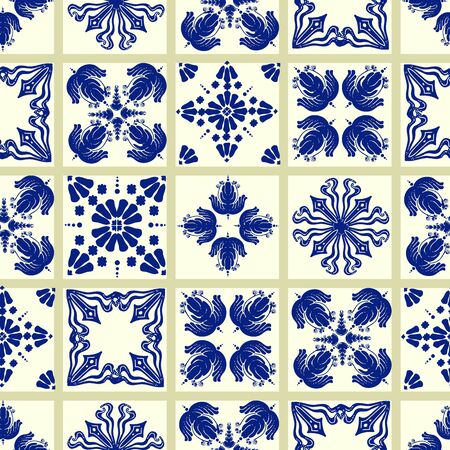 Vector ceramic tile pattern, Lisbon floral mosaic, Mediterranean seamless navy blue ornament. Portuguese azulejo backgroundのイラスト素材