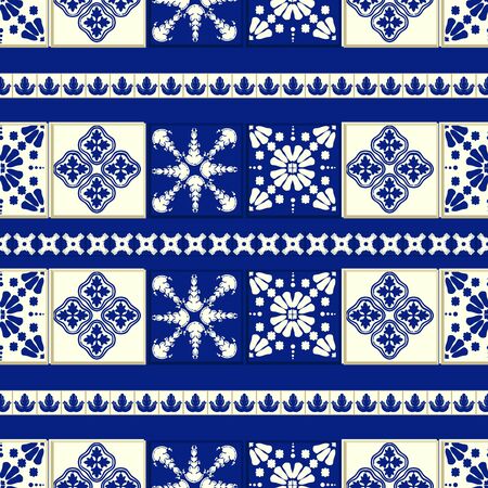 Vector ceramic tile pattern, Lisbon floral mosaic, Mediterranean seamless navy blue ornament. Portuguese azulejo backgroundのイラスト素材