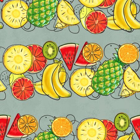 Hand drawn seamless pattern with bananas, orange, pineapples and watermelon. Summer background with exotic fruits. Top view. Wallpaper or textile tropic printの写真素材