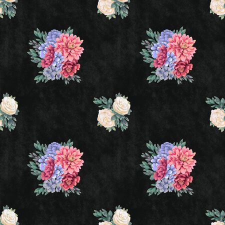 Watercolor floral seamless pattern. Hand painted flowers, bouquet on black background. Wallpaper or textile with pink chrysanthemum, blue hydrangea and white rosesの写真素材
