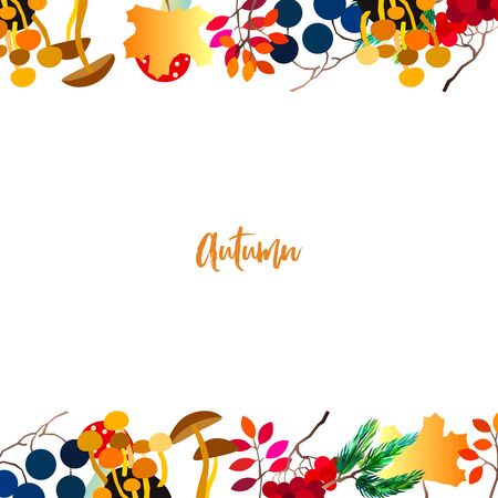 Autumn frame with berries, acorns, pine cone, mushrooms, branches and leaves. Fall colorful vector border on white background.のイラスト素材