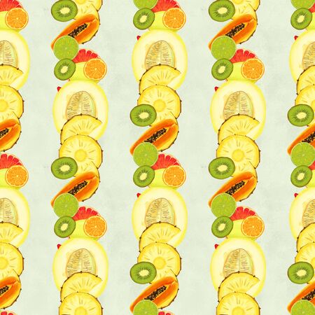 Hand drawn seamless pattern with orange kiwi fruit, pineapples papaya and melon. Summer background with exotic food. Top view. Wallpaper or textile tropic printの写真素材